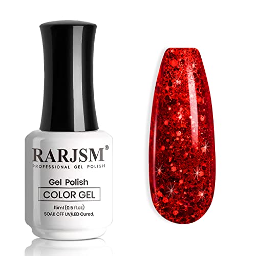 RARJSM Gel Nail Polish Sparkly Red Chunky Shimmer Iridescent Glitter Gel Polish 15ml Holographic Rainbow Effect Led UV Curing Required Soak off High Pigments Gel for Nail Art Christmas Manicure
