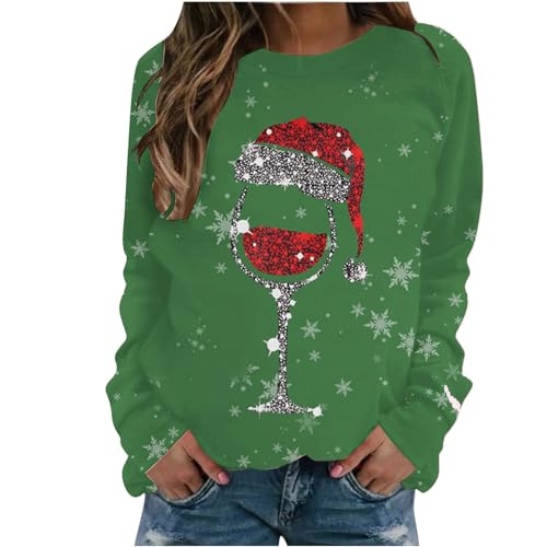 QIGUANDZ Christmas Shirts Women Red Wine Glass Graphic Long Sleeve T-Shirt Workout Crewneck Trendy Casual Loose Sweatshirts