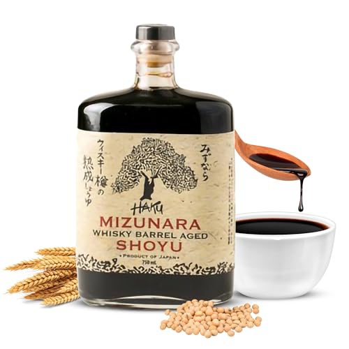 HAKU Mizunara Whiskey Barrel Aged Shoyu Soy Sauce (750 ml) - Authentic Japanese Artisanal Umami Seasoning Dark Sauce - Traditional Gourmet Dip Sauce & Marinade for Sushi, Meat, Rice & Asian Cuisines