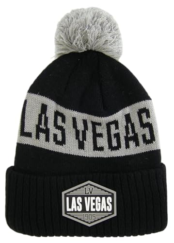 Las Vegas City Name Winter Knit 3D Rubber Patch Pom Beanie Hat (Black/Gray)