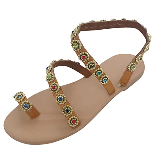 Shengsospp Women's Summer Flat Flip Flops Sandals With Beaded Casual Thong Sandal with Ankle Strap Open Toe Slip-On Casual Walking Sandals 03_Gold, 8