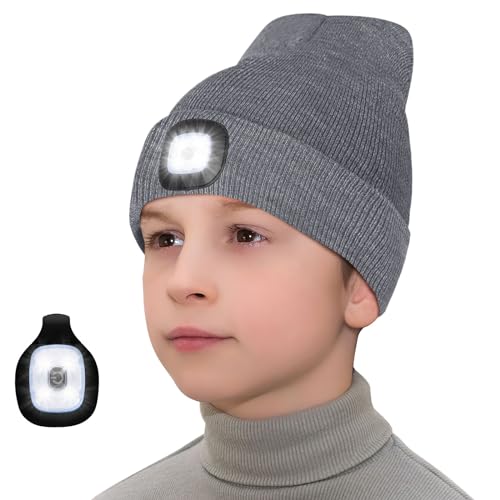 ANGTUO for Teenage Boys Girls, Gray Beanie with Light, 2 pcs Headlamps, Kids Stocking Stuffers, Teen Girl Gifts, Teen Boys Gift Ideas, Beanie with Lights Built in