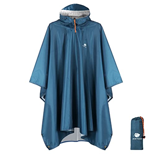 Anyoo Waterproof Rain Poncho Lightweight Reusable Hiking Hooded Coat Jacket for Outdoor Activities(Sea blue) One Size