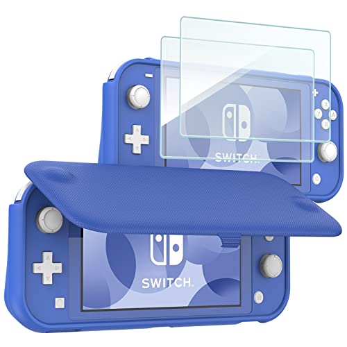 ProCase Flip Cover for Nintendo Switch Lite with 2 Pack Tempered Glass Screen Protectors, Slim Protective Case with Magnetically Detachable Front Cover for Nintendo Switch Lite 2019 -Blue