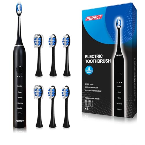 PERECT Sonic Electric Toothbrush for Adults, Rechargeable Sonic Electric Toothbrush with 6 Brush Heads, 1 Charge for 90 Days,IPX7 Waterproof 5 Modes 3 Intensities, Smart Timer, Black