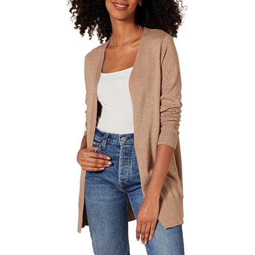 Amazon Essentials Women's Lightweight Open-Front Cardigan Sweater (Available in Plus Size), Camel Heather, Medium