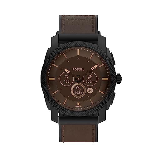 Fossil Men's Machine Gen 6 Hybrid 45mm Stainless Steel and Leather Smart Watch, Color: Black/Brown (Model: FTW7068)