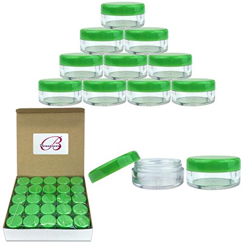 50 New Empty 5 Grams Acrylic Clear Round Jars - BPA Free Containers for Cosmetic, Lotion, Cream, Makeup, Bead, Eye shadow, Rhinestone, Samples, Pot, Small Accessories 5g/5ml (GREEN LID)