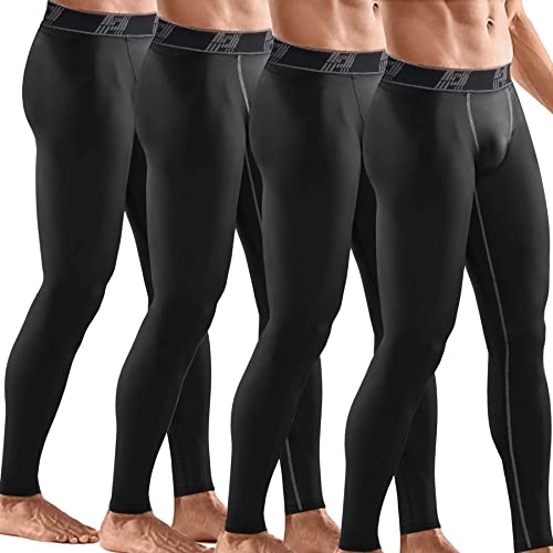 HOPLYNN 4 Pack Compression Pants Tights Leggings Men, Winter Baselayer for Running Workout Sports Yoga-4 Black-XL