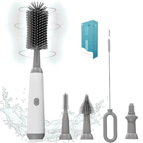 Electric Bottle Brush Set, 360°Automatic Bottle Brush Cleaner with 3 Sizes Replaceable Silicone Bottle Brush and Extension Handle for Long Bottles，Straw Cleaner Brush,IPX65& Rechargeable(Grey)