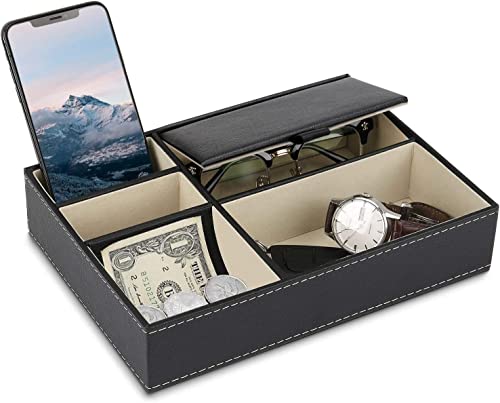 Baoyun Mens Valet Tray Organizer, Mens Jewelry Box, Nightstand Organizer with 5 Compartments, Dresser Faux Leather Storage Box for Wallet, Phone, Keys (Black)