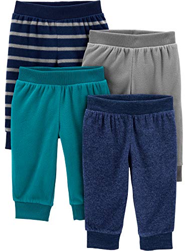 Simple Joys by Carter's Baby 4-Pack Fleece Pants, Blue Heather/Grey/Navy Stripe/Teal Blue, 0-3 Months