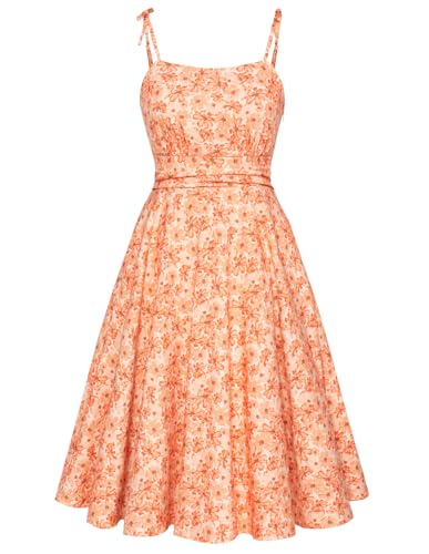 Belle Poque Bohemian Dress for Women Summer Floral Dresses Spaghetti Strap A Line Dress 70s Orange Daisy L