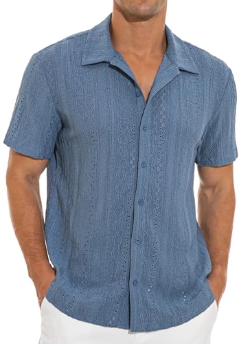 NITAGUT Men’s Short Sleeve Shirts Casual Button Down Shirts Vacation Beach Summer Hollow Out Tops,Blue,Large