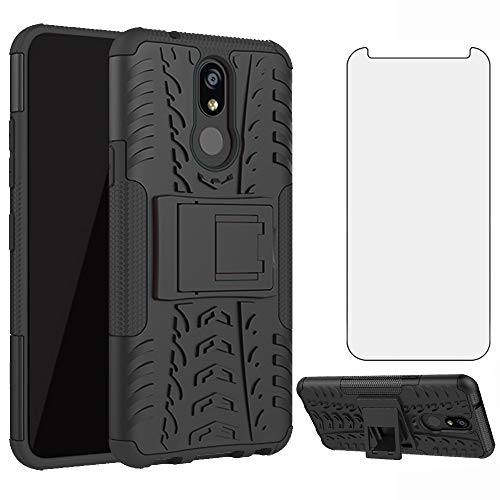 Phone Case for LG K40/K12 Plus/X4 2019/Solo LTE/Xpression Plus 2/Harmony 3 with Tempered Glass Screen Protector Cover Stand Hard Rugged Hybrid Cell Accessories LGK40 K 40 40K L423DL LMX420 Men Black