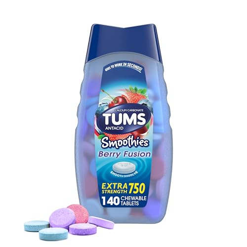 TUMS Smoothies Extra Strength Antacid Tablets for Chewable Heartburn Relief and Acid Indigestion Relief, Berry Fusion - 140 Count