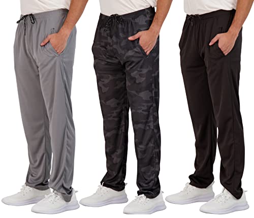 Real Essentials Men's Mesh Athletic Active Gym Workout Open Bottom Sweatpants Pockets Sports Training Soccer Track Running Casual Lounge Comfy Jogging Quick Dry Drawstring Pants- Set 2, XL,Pack of 3