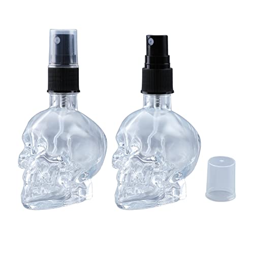 PrinMobel Skull Shaped Spray Bottle - Set of 2-2 oz Small Glass Spray Bottle, Refillable, Fine Mist Atomizer Spray Empty Bottles for Aromatherapy and Personal Care (Halloween)