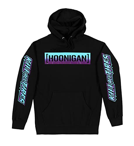 Hoonigan Kill All Tires Fade Pullover Hoodie - Graphic Hooded Sweatshirt with Front Pocket Pouch - Men’s Streetwear for Car Enthusiasts and Gearheads - Official Merchandise Black/Teal Purple L