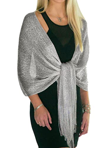 ShineGlitz Shawls and Wraps for Evening Dresses, Metallic Glitter Shawls for Women, Sparkling Wedding Metallic Silver Shawl Gift