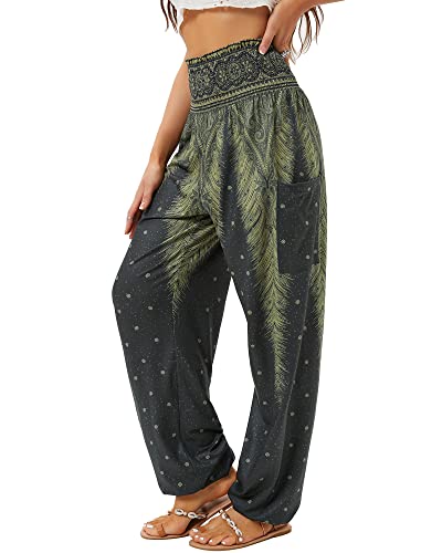 QIANXIZHAN Women's Harem Pants, High Waist Yoga Boho Trousers with Pockets Army Green M