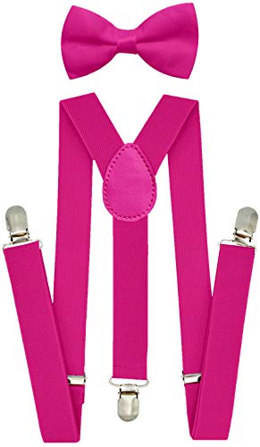 trilece Pink Suspenders and Bow Tie Set for Boys Kids Girls Toddlers Baby Bowtie - Adjustable Elastic 1 inch Wide Y Shape - Heavy Duty Strong Clips (5 Months to 6 Years, Hot Pink)