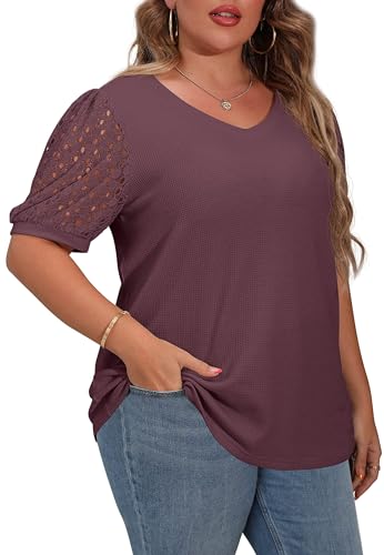 OLRIK Plus Size Tops for Women Summer Blouse Waffle Knit Short Lace Sleeve Shirts Rust Red-2X