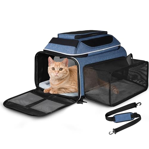 Petskd Top and Side Expandable Pet Carrier 17x12x8.5 Inches JetBlue Allegiant Airline Approved, Soft-Sided Carrier for Small Cats and Dogs with Locking Safety Zipper and Anti-Scratch Mesh(Blue)