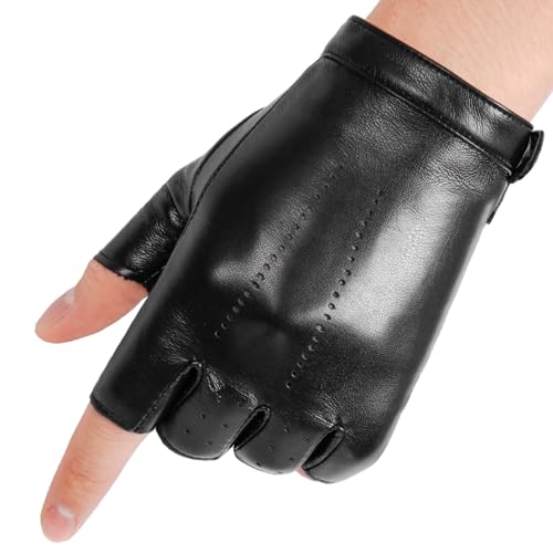 OurHonor Black Fingerless Gloves for Men Women, Halloween PU Leather Half Finger Glove Outdoor Driving Performance Costume Sport, Small (Style C)