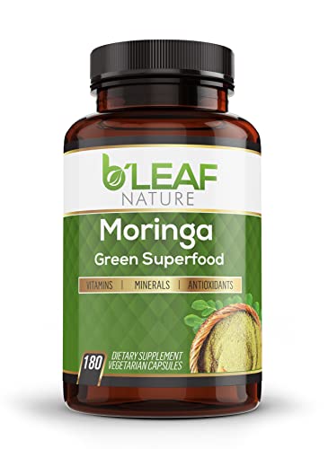 B’Leaf Nature Pure Organic Moringa Oleifera Leaf Powder Capsules 1000mg - Immune System & Energy Booster - Vegetarian Supplement for Healthy Living - 180 Capsules