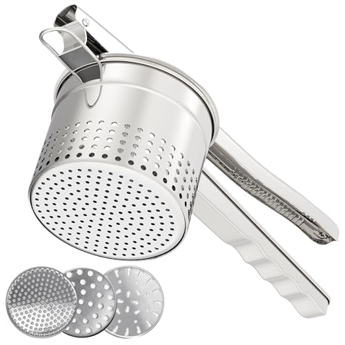 GloTika Large 15oz Potato Ricer with 3 Interchangeable Discs, Heavy Duty Stainless Steel Potato Masher with Ergonomic Handle, Masher and Ricer Kitchen Tool for Mashed Potatoes, Patent Pending