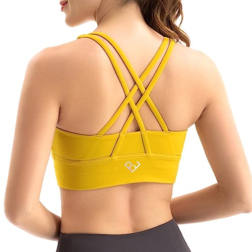 PaletteFit Strappy Sports Bras for Women, Criss Cross Back Padded Bra for Workout, Yoga, Gym (Mustard Yellow, M)