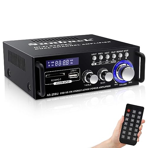 Sunbuck Stereo Amplifier Bluetooth 5.0, Stereo Receivers for Home Audio, 2 Channel Max 300Wx2, with USB/SD/RCA/FM, Remote, Home Theater Audio Stereo System Components, Receiver for Speakers, AS-25BU