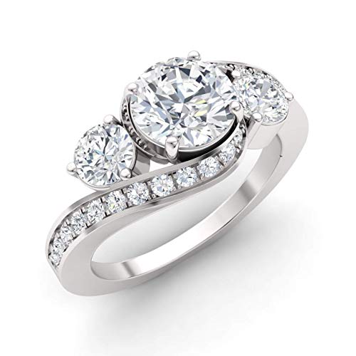 Diamondere Certified Moissanite, White Topaz and Diamond Engagement Ring in 14K White Gold | 1.73 Carat Three Stone Ring for Women, US Size 4
