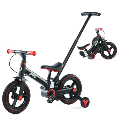JMMD Toddler Bike with Push Handle for Kids 18 Months-5 Years, 6 in 1 Push Bike with Training Wheels & Pedals, Balance Bike for Boys and Girls with Brakes & Kickstand, Black