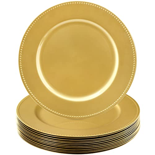 Okllen 12 Pack Plastic Gold Charger Plates, 13' Round Beaded Charger Plates Decorative Dinner Chargers, Embossed Charger Serving Plates for Wedding, Catering Event, Tabletop Decor