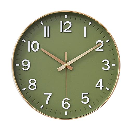 HZDHCLH Wall Clocks Battery Operated,12 inch Silent Non Ticking Modern Wall Clock for Living Room Bedroom Kitchen Office Classroom Decor (Olive Green and Gold)