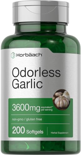 Horbäach Odorless Garlic Softgels | 200 Count | Ultra Potent Garlic Extract | Non-GMO & Gluten Free Pills