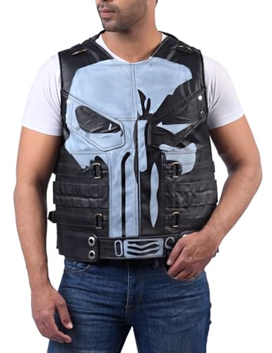 Motorcycle Jackets Punisher tactical Vest-Castle Frank black faux leather punisher vest cosplay costume with Iconic Skull Design Season3(L)
