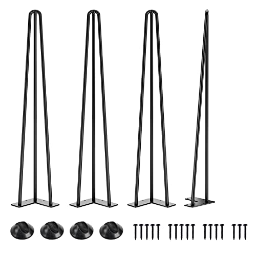 SMARTSTANDARD Hairpin Table Legs 28 Inch, 1/2'' in Diameter 3 Rods, Metal Home DIY Projects for Nightstand, Coffee Table, Dresser with Rubber Floor Protectors, Black, 4PCS