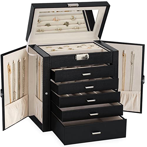 AKOZLIN 6 Layer Jewelry Box for Women Functional Huge Lockable Organizer, Leather Jewelry Storage Case with 5 Drawers for Girls Ring Necklace Earring Bracelet Holder