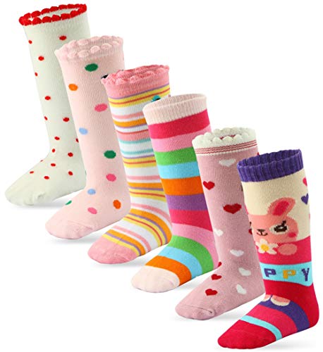 6 Pairs Toddler Girl Knee High Grip Socks, Baby Socks Girl School Socks Anti Slip for Kids Girl (6 Pairs, 12-36 Months)