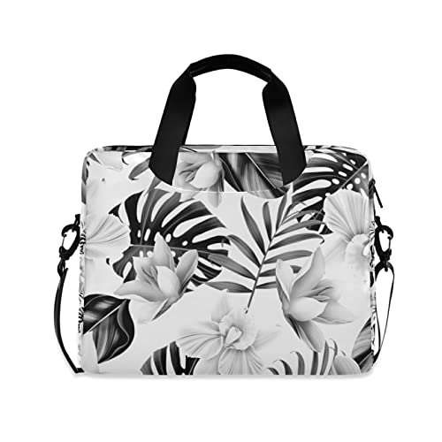Seamless Black Tropical Pam Tree Leaves White Flowers on White Laptop Messenger Bag Tablet Briefcase, Case Sleeve Suitable for 14 inches to 16 inches with Adjustable Shoulder Strap