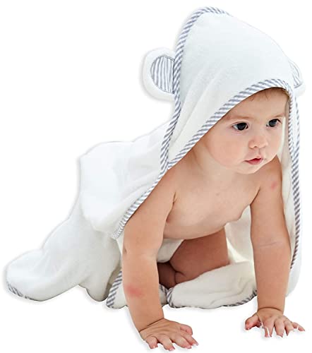 HIPHOP PANDA Hooded Towel - Rayon Made from Bamboo, Bath Towel with Bear Ears for Newborn, Babie, Toddler, Infant - Absorbent Large Baby Towel - White, 30 x 30 Inch
