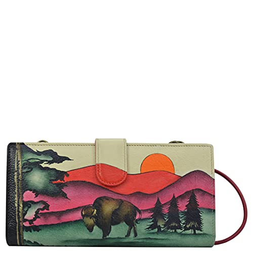 Anna by Anuschka Women's Hand-Painted Genuine Leather Bi-Fold Wallet With Strap - Yellowstone Park