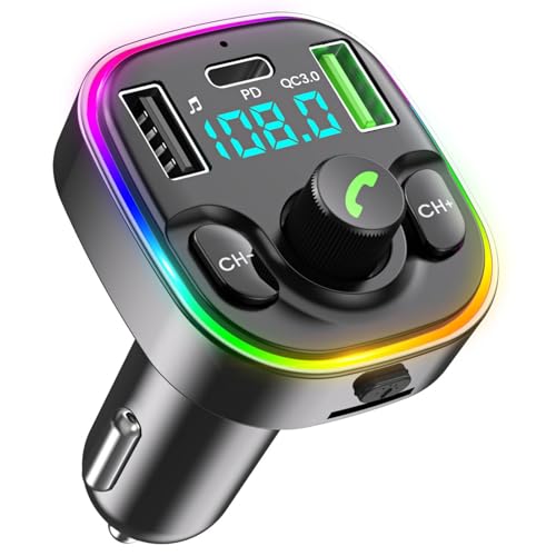 Bluetooth 5.3 FM Transmitter Car Adapter - FM Transmitter Bluetooth with Fast Charger [PD 30W & QC3.0 18W]，Hi-Fi Audio & Clear Calls, 7 Colors LED Backlit