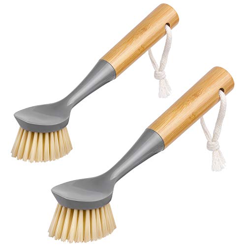 MR.SIGA Dish Brush with Bamboo Handle Built-in Scraper, Scrub Brush for Pans, Pots, Kitchen Sink Cleaning, Pack of 2