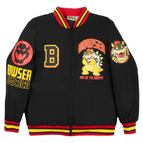 Nintendo Super Mario Bomber Jacket for Boys, Mario and Luigi Bomber Jacket (Bowser Black, Size 18)