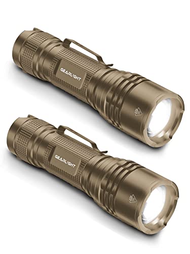 GearLight TAC LED Flashlight Pack - 2 Super Bright, Compact Tactical Flashlights with High Lumens for Outdoor Activity & Emergency Use - Gifts for Men & Women - Desert Tan