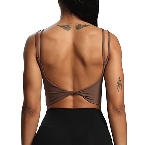 Aoxjox Women's Workout Sports Bras Fitness Padded Backless Yoga Crop Tank Top Twist Back Cami (Fudge Coffee, Medium)